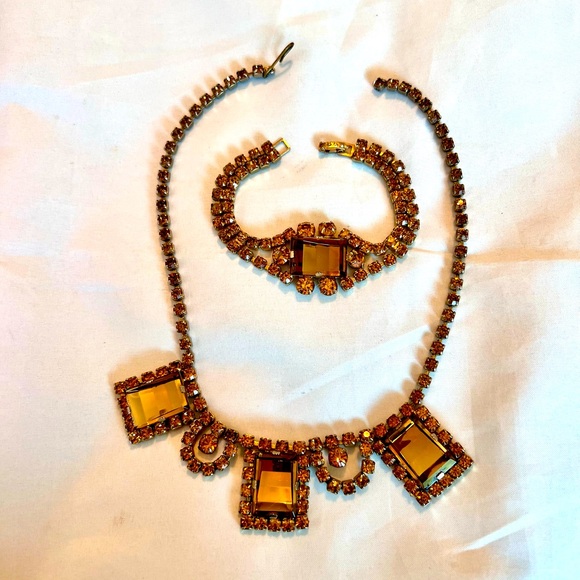 Vintage Necklace Bracelet Set Amber Glass & Rhinestone Rectangular - Picture 16 of 17